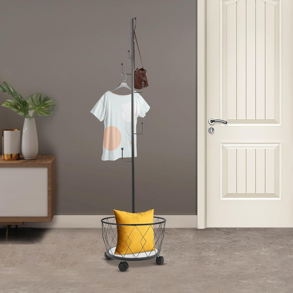 Coat Rack Freestanding with Storage Basket Black Hall Tree Entryway Organizer Coat Stand with Hooks for Hat Bag Scarf Shoe Bedroom Living Room Office