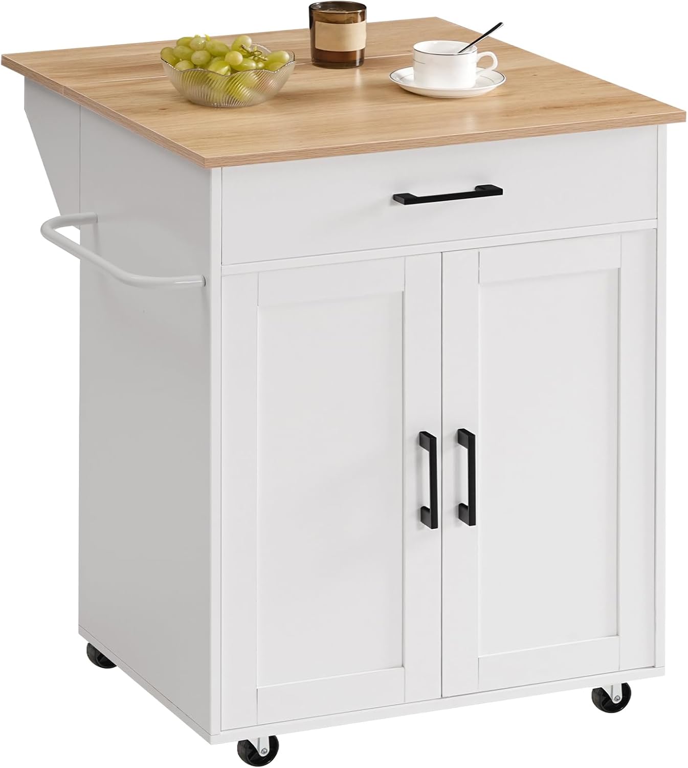 MAHANCRIS Kitchen Island on Wheels with Drop Leaf, Folding Countertop Kitchen Island Cart, Kitchen Island Table with Towel Rack, Drawer, for Kitchen, Dining Room, White and Natural KINW12501