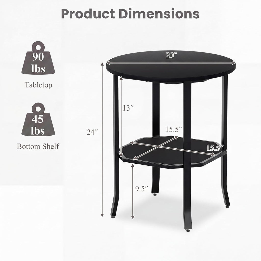 Tangkula 2-Tier Round Side End Table, Small Nightstand with Storage Shelf, Industrial Modern Bedside & Sofa Side Table for Small Space, Bedroom, Living Room, Home Office (2, Black)