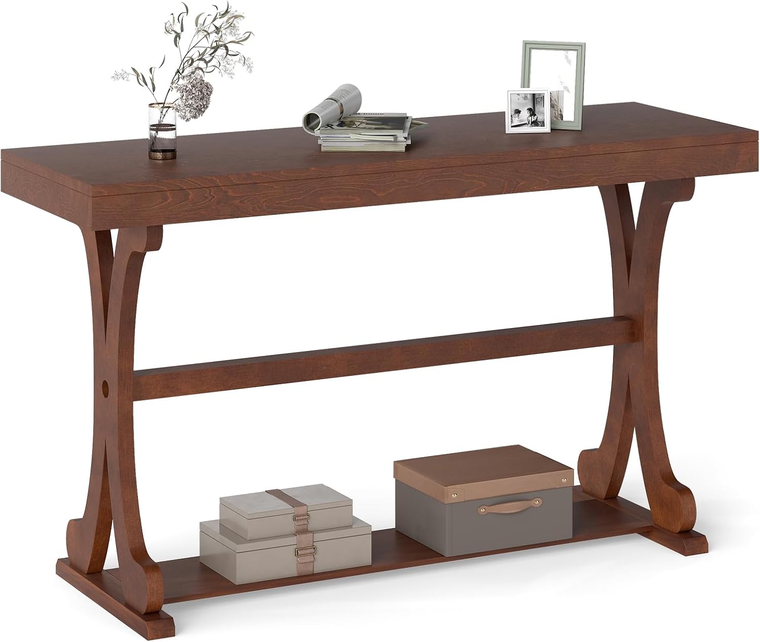 Giantex 52" Narrow Console Table, Vintage Accent Entryway Table with Open Storage Shelf, Long Wooden Behind Couch Sofa Table with Anti-tip Kit for Small Spaces Living Room Hallway (Walnut)