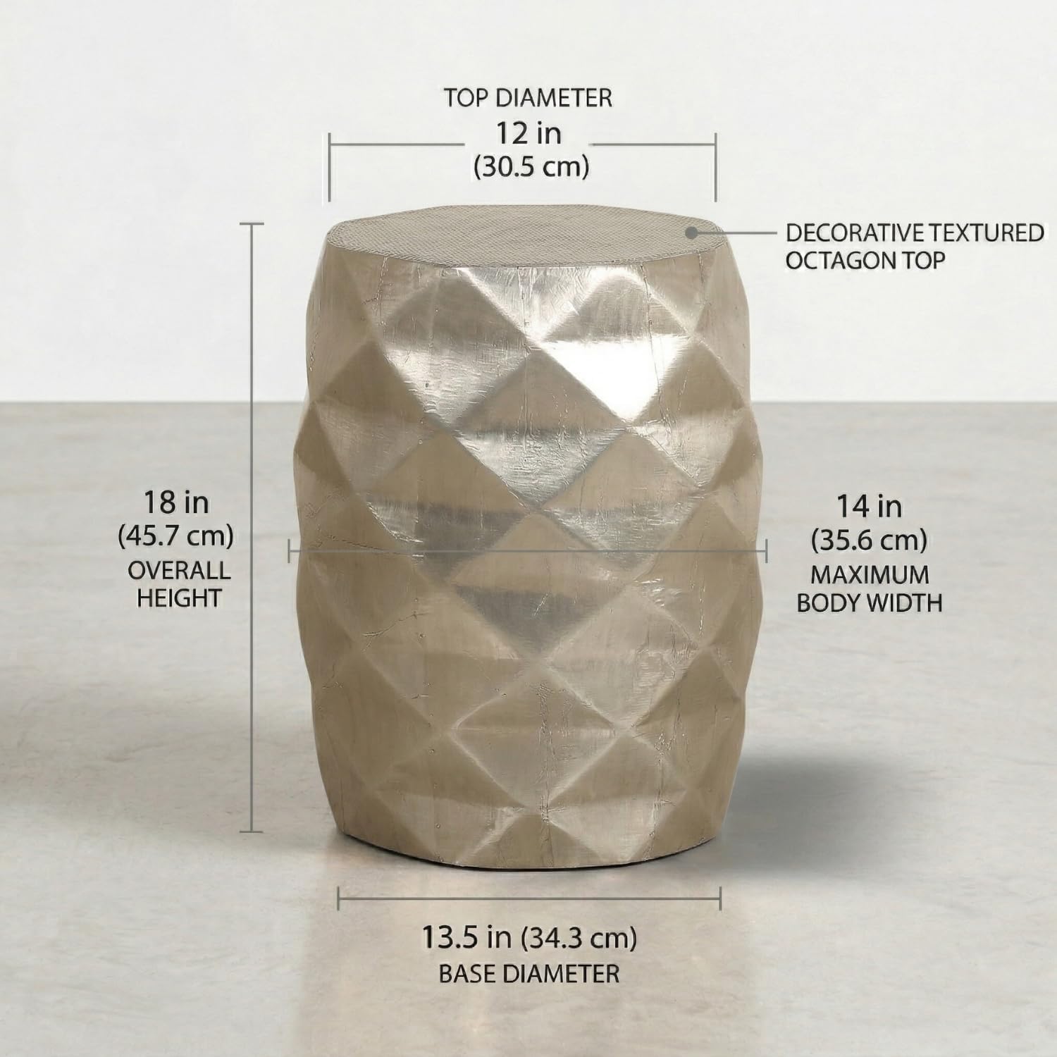 Hives & Honey Anna Side Table, Geometric Mango Wood Accent Table, Modern Rhombus Design, Antiqued Foil Finish, Multi-Use as End Table, Vanity Stool or Decorative Pedestal, Silver