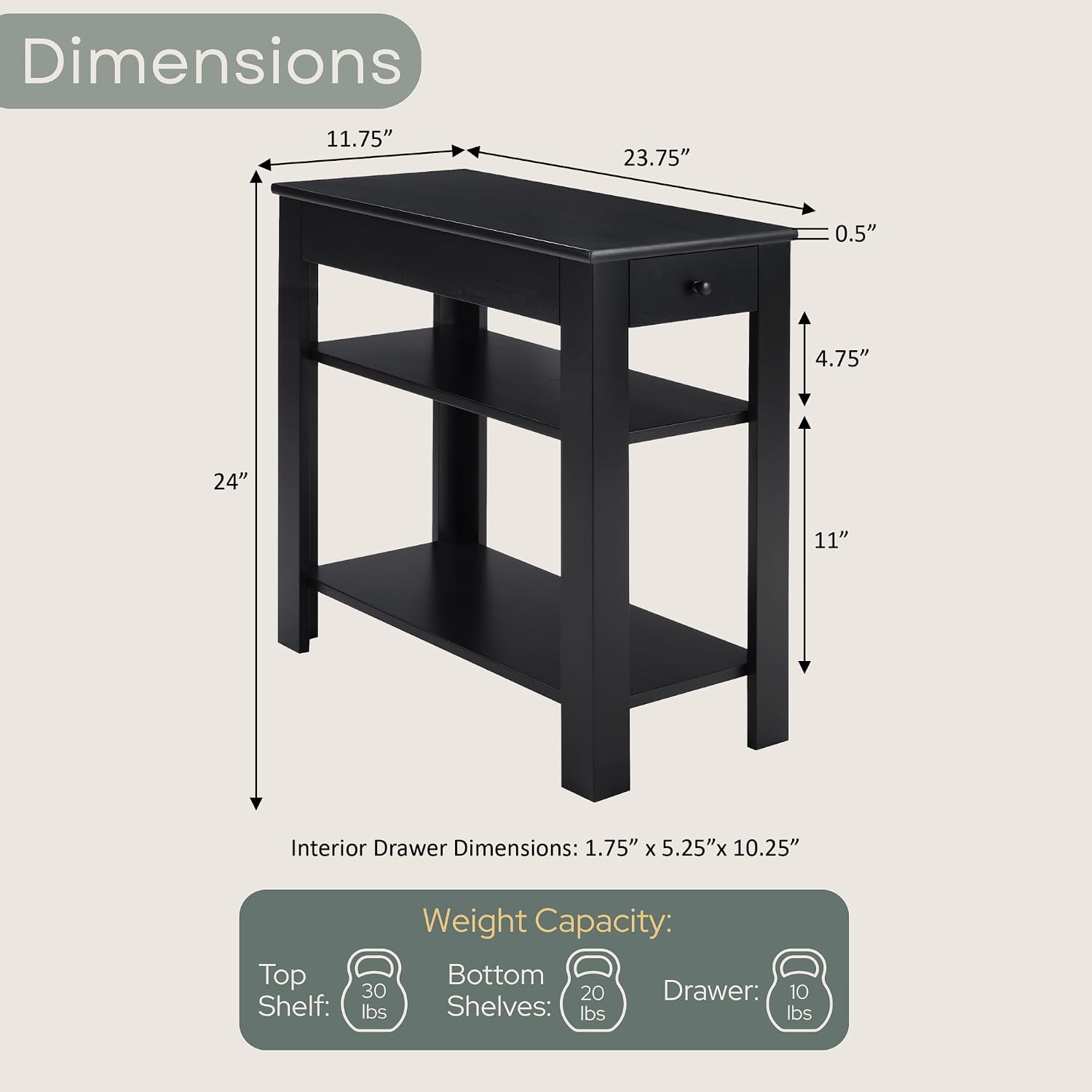 Convenience Concepts Designs2Go Baja Chairside End Table 23.75" - Transitional Narrow 3-Tier Side Accent with Storage Drawer & Shelves for Modern Living or Family Room, Bedroom Nightstand, Black