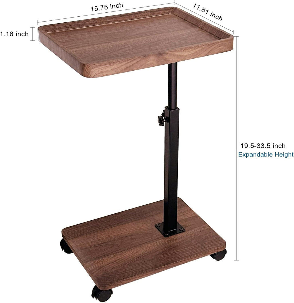 C Shaped End Table Adjustable Height, 360°Swivel TV Tray Table, Walnut Brown Movable Side Table with Sliding Wheels for Living Room, Bedroom, Couch, Bed, Chair, Snack