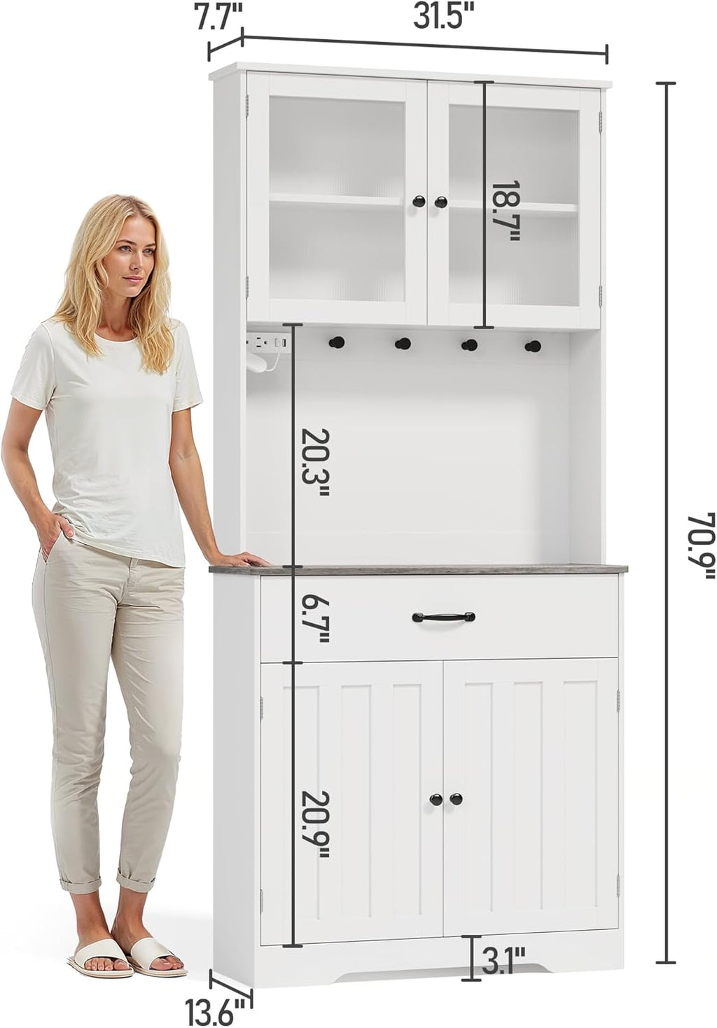 Gizoon 71" H Storage Cabinet with Strip Light, Kitchen Pantry Cabinet with Doors and Drawers, White Hutch with Charging Station and Adjustable Shelves, for Coffee Bar, Dining Room, Table Top-Retro