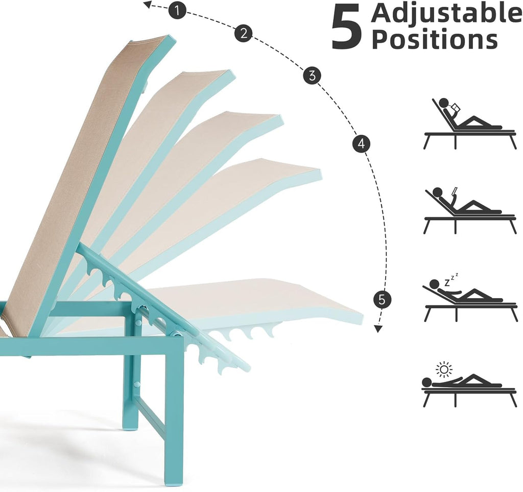 Outdoor Lounge Chair, 5-Position Aluminum Chaise Lounge with Wheels & Armrests, 300 lbs Heavy Duty Patio Pool Chair for Deck, Backyard, Beach & Poolside (Blue,1PCS)