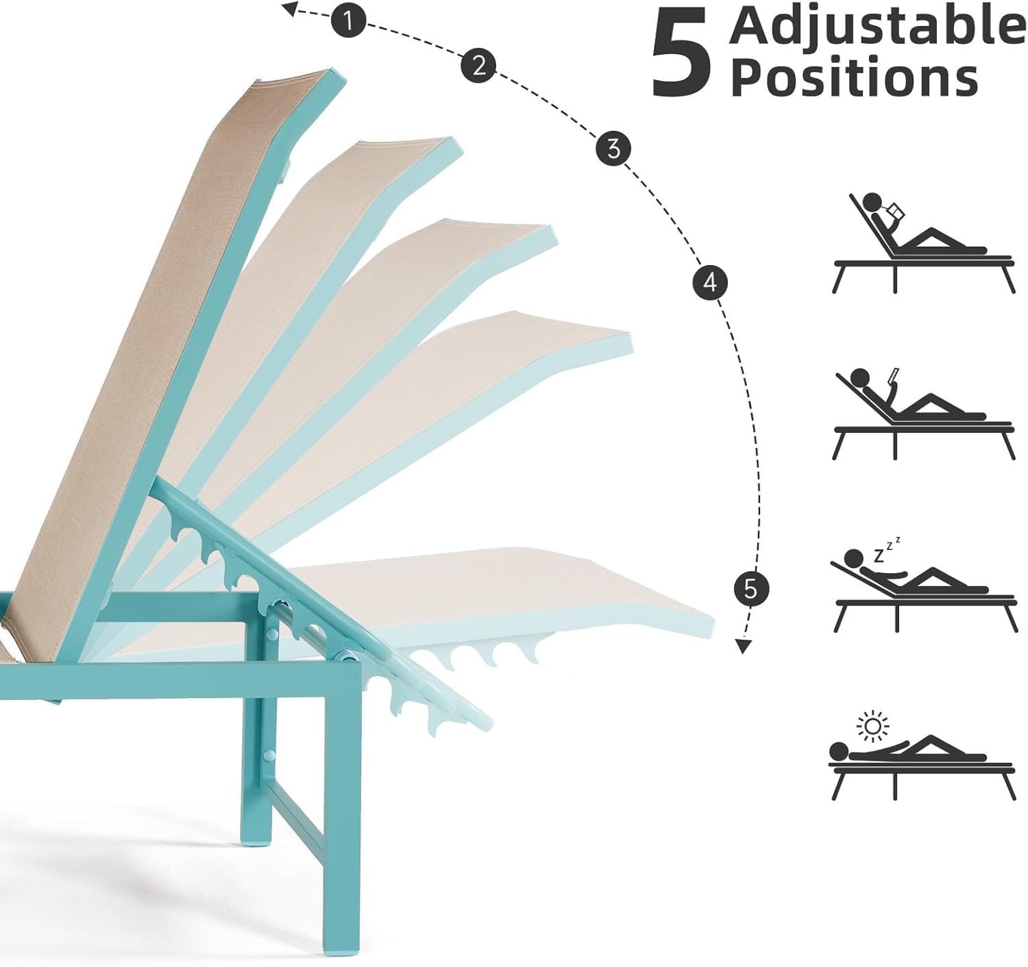 Outdoor Lounge Chair, 5-Position Aluminum Chaise Lounge with Wheels & Armrests, 300 lbs Heavy Duty Patio Pool Chair for Deck, Backyard, Beach & Poolside (Blue,1PCS)
