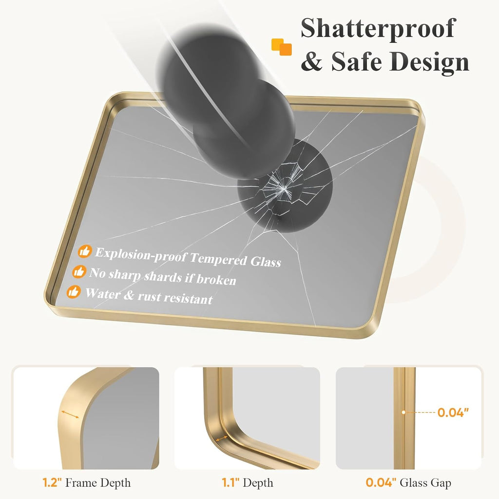 OLIXIS Bathroom Mirror for Over Sink, 30x22 Inch Wall Rounded Rectangle Mirror with Matte Metal Framed, Modern Wall Mount Vanity Mirrors for Home Decor, Living Room, Bedroom, Gold