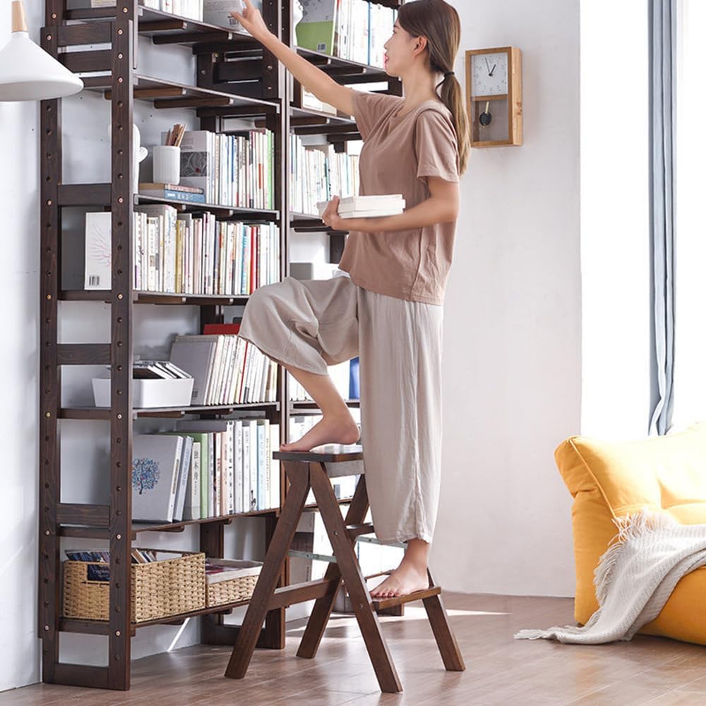 Household Solid Wood Folding Ladder Folding Chair Thickened Climbing Wooden Step Stool (Walnut Color)