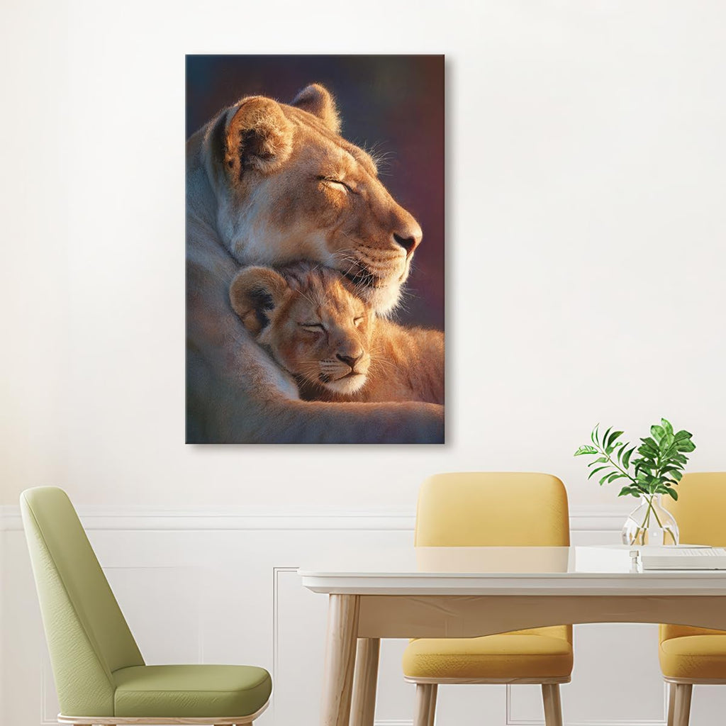 Framed Lion Wall Art African Wild Lioness and Cub Canvas Prints Sunset Safari Wildlife Animal Picture Painting Modern Artwork for Living Room Bedroom Office Home Decor 16" x 24", Mother's Day