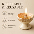 Handmade Ceramic Oil Lamp – Refillable Butter/Ghee Diya with Cotton Wick for Meditation Altar & Calm Home Decor (Wheat)