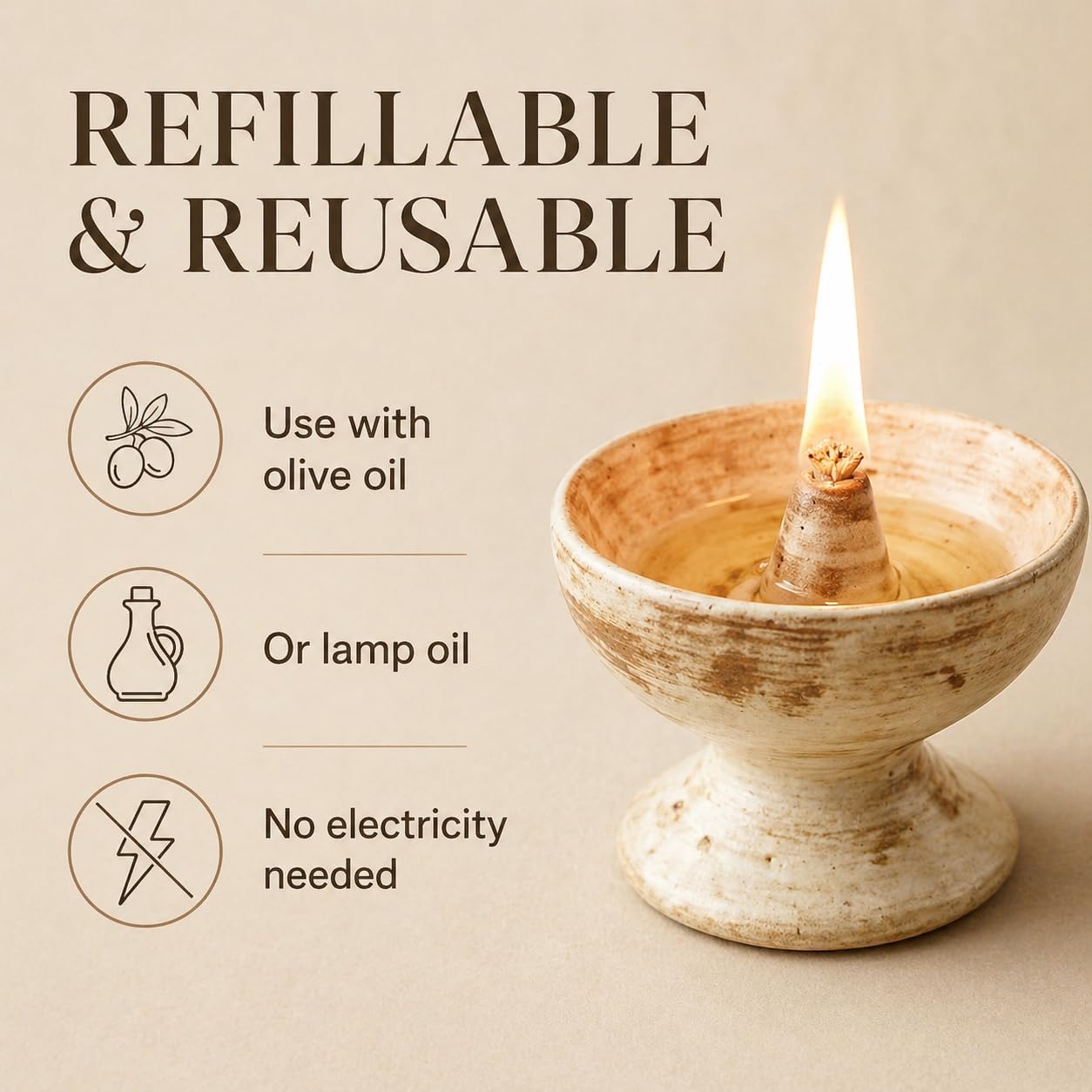 Handmade Ceramic Oil Lamp – Refillable Butter/Ghee Diya with Cotton Wick for Meditation Altar & Calm Home Decor (Wheat)