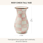 MACKENZIE-CHILDS Tall Enamel Vase, Unique Flower Vase Decor, Bouquet Holder for Living Room, Pink-and-White Rosy Check