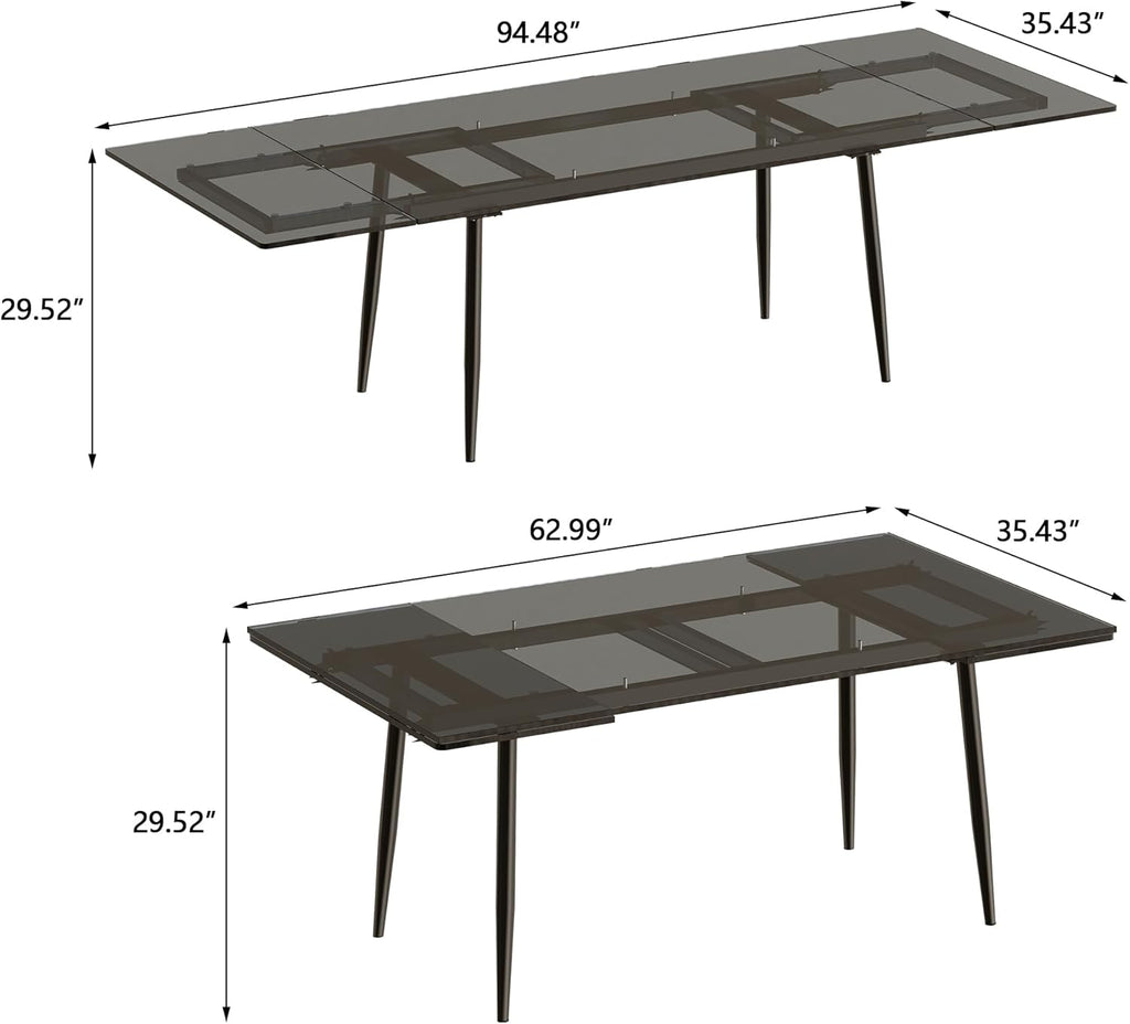 62.99-94.48" Extendable Dark Tempered Glass Dining Table, Scratch-Resistant Glass Top & Metal Frame, Seats 8-10, Modern Minimalist Dining Furniture for Family & Entertaining