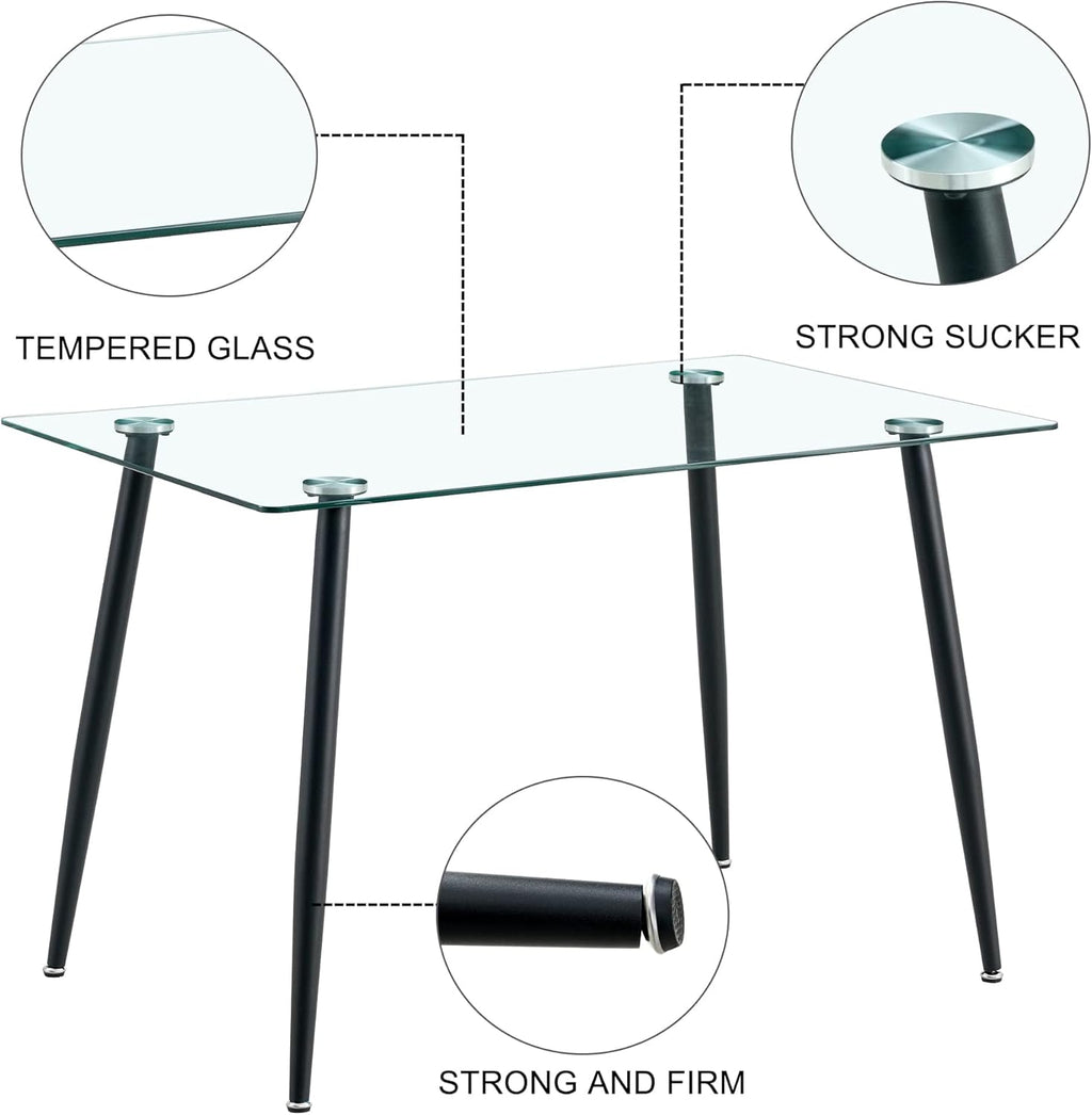 Baysitone 51 inch Glass Dining Table Set for 4, Dining Table & Chair Sets with Black Metal Legs for Kitchen, Modern Rectangle Tempered Glass Table Top&Transparent Plastic Dining Chair for Dining Room