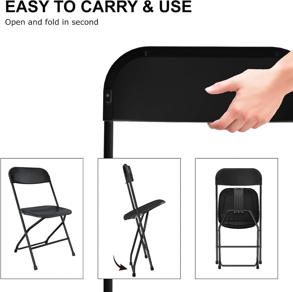 6 Pack Black Folding Chairs, Foldable Party Chairs, Plastic Folding Chair for Outside, Indoor Outdoor Stackable Commercial Seat with Steel Frame for Office Wedding Dining School, 350LBS