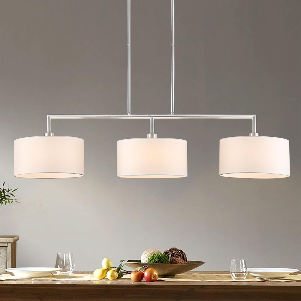 47" Linear Kitchen Island Lighting 3-Light Brushed Nickel Chandelier with White Fabric Drum Shade Adjustable Hanging Pendant Light for Dining Room Light Fixtures Over Table,Kitchen,Bar,Living Room,E26