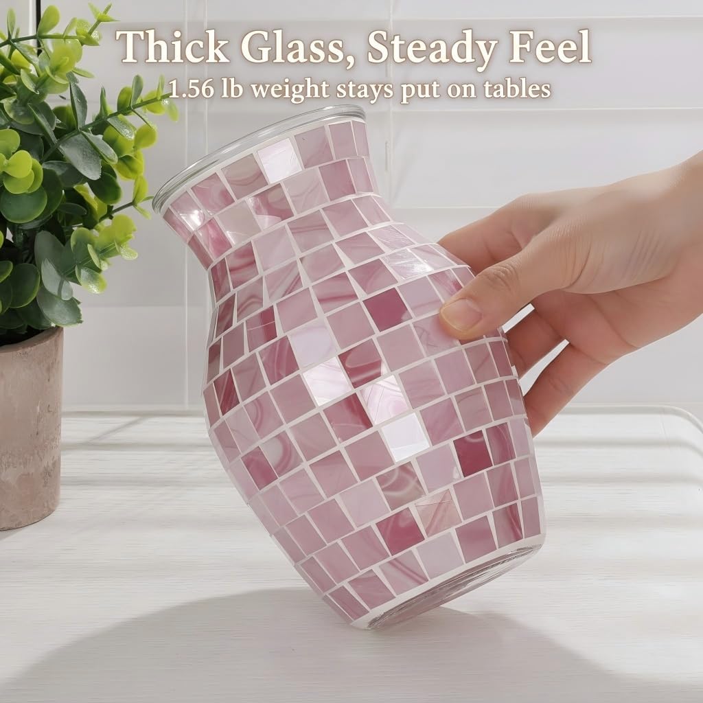 Pink Vase for Flowers, 8 Inch Mosaic Glass Centerpiece | Pink Gradient Tiles, Wedding Table Decor, 5.42 Inch Body for Bouquets and Pampas