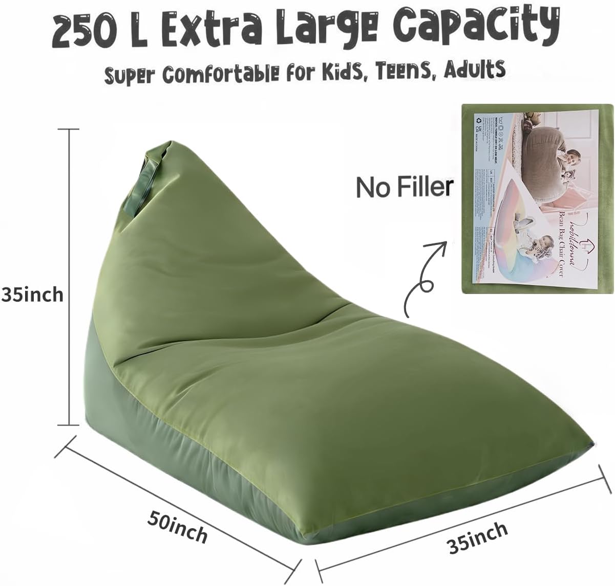 Stuffed Animal Storage Bean Bag Chair Cover for Kids (No Filler), 250L Extra Large Premium Velvet Lazy Sofa Cover, Washable Ultra Soft Triangular Bean Bag Chair Cover(Green)