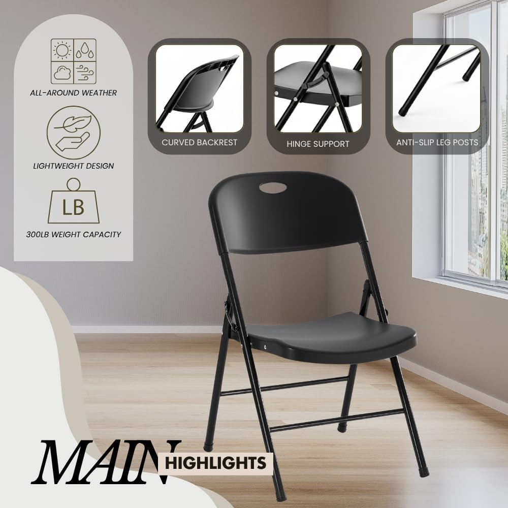 2-Pack Heavy Duty Plastic Folding Chair, 450 lbs Capacity Foldable Chairs for Indoor Outdoor, Stackable Portable Seating for Party, Wedding, Patio, Backyard, Office (Black)