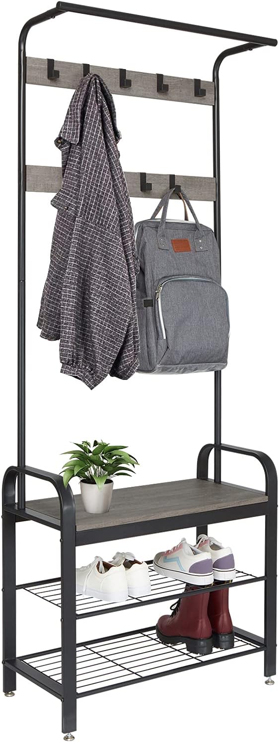 Meerveil Coat Stand, 183 cm Coat Rack with with Shoe Storage Bench, 9 Hooks | Coat and Shoe Rack Metal Clothes Rail Industrial Style for Hallway Entryway Small Space, 72 x 34 x 183 cm, Grey