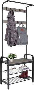Meerveil Coat Stand, 183 cm Coat Rack with with Shoe Storage Bench, 9 Hooks | Coat and Shoe Rack Metal Clothes Rail Industrial Style for Hallway Entryway Small Space, 72 x 34 x 183 cm, Grey