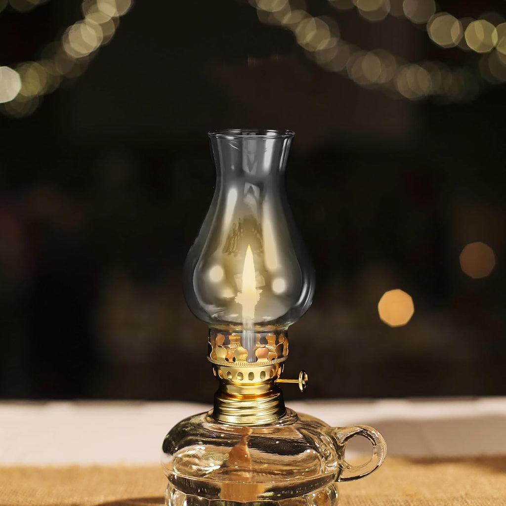 TIDTALEO Vintage Glass Oil Lamp Chimney Replacement with Metal Wick Adjuster, Kerosene Lantern Globe Accessory, Gold Tone, Suitable for Indoor Use and Camping –