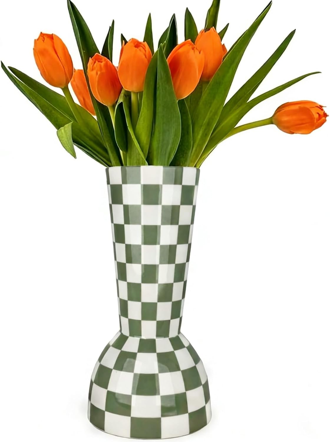 Sage Green Checkered Vase, Aesthetic Modern Ins Cool Flower Vases for Home Decor, Entryway Table, Centerpieces Decoration for Kitchen, Living/Dining Room, Bedroom, Bathroom, Coffee Tables (Ceramic)