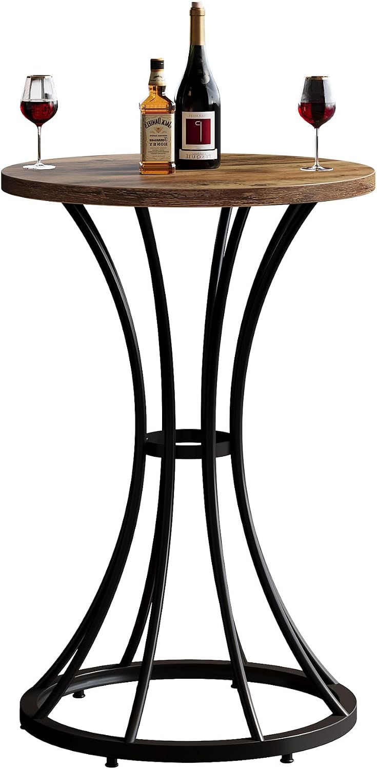 Tribesigns 37.4" H Bar Table, Round Bar Table with Curved Metal Base, Bar Height Table for Small Spaces, Living Room, Kitchen, or Apartments (Brown & Black) (1)