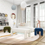 Pemberly Row 49" Oval Fully Upholstered Bench, Milk Cream White Boucle, Eucalyptus Wood Frame, Contemporary Rounded Dowel Legs, Textured Seat for Living Room, Bedroom, or Kids Room