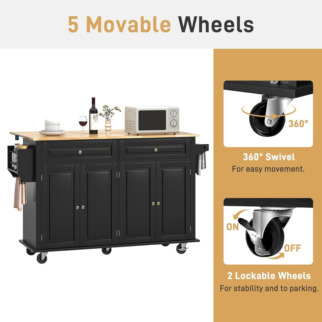 Hlivelood 59.1" Movable Kitchen Island with Drop Leaf and Power Outlet, Rolling Island Cart w/Storage Cabinet, Island Table on Wheels for Kitchen w/2 Drawers, Spice Rack, Towel Bar, Garage Hook, Black