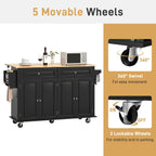 Hlivelood 59.1" Movable Kitchen Island with Drop Leaf and Power Outlet, Rolling Island Cart w/Storage Cabinet, Island Table on Wheels for Kitchen w/2 Drawers, Spice Rack, Towel Bar, Garage Hook, Black