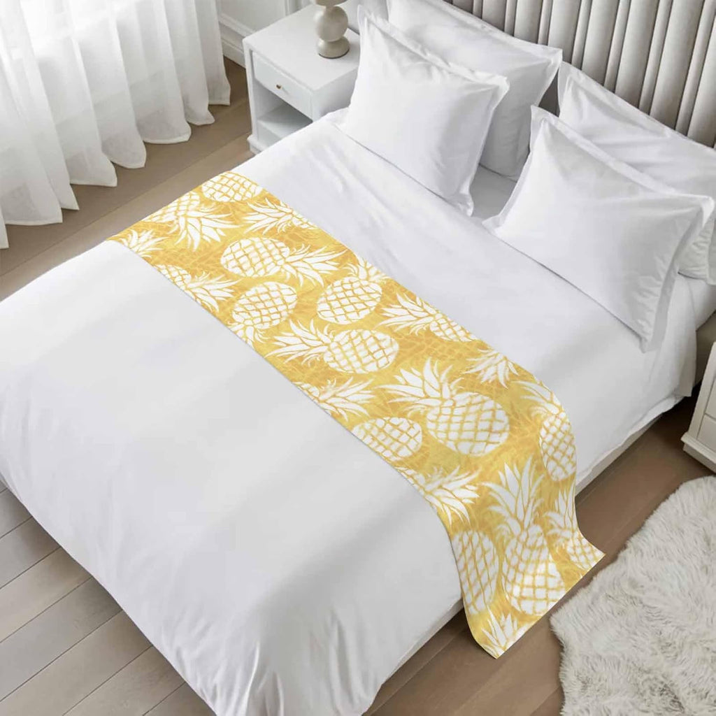 Yellow Pineapple Bed Runner Scarf King Size, Tropical Summer Botanical Fruits Luxury Bed Throw Runners & Scarves for Twin Full Queen King Foot of Beds, Bedroom Hotel Wedding Room Decoration, 94"x20"
