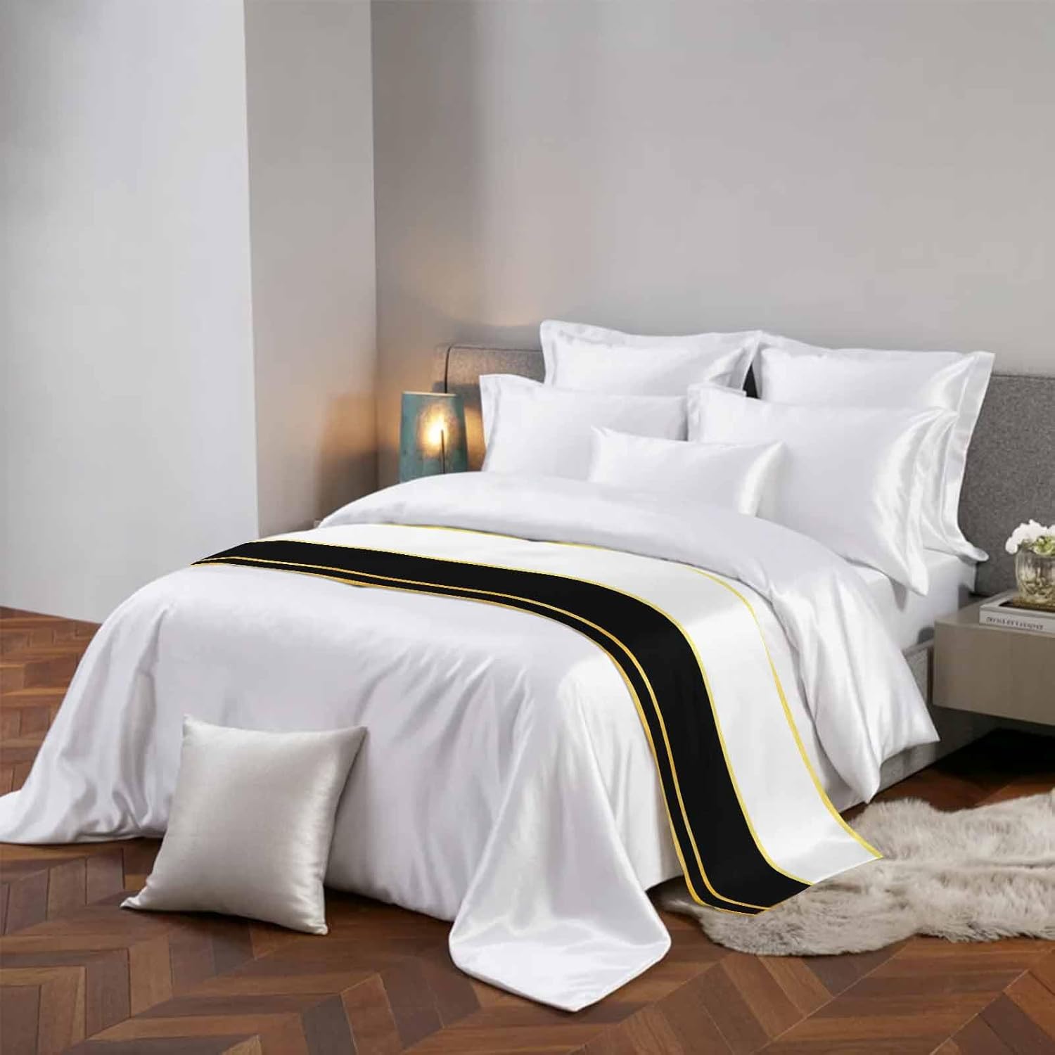 Modern Black Gold Bed Runners for Queen Size Beds, Decorative Bed Throws for Foot of Beds, Luxury Bedding Protector Slipcover Minimalist Geometric Yellow Striped Hotel Bedrunners & Scarves, 94"x20"