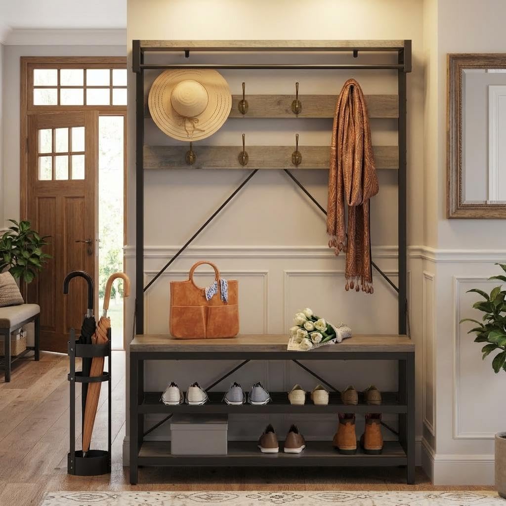 39.9" Industrial Hall Tree Coat Rack, with Bench & Shoe Storage, Entryway Organizer with 8 Sturdy Hooks & Hanging Bar, Large Shoe Rack with Storage Shelf, Steel Frame, Farmhouse Wood Look Accent, Grey