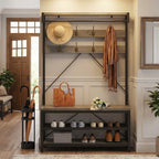 39.9" Industrial Hall Tree Coat Rack, with Bench & Shoe Storage, Entryway Organizer with 8 Sturdy Hooks & Hanging Bar, Large Shoe Rack with Storage Shelf, Steel Frame, Farmhouse Wood Look Accent, Grey
