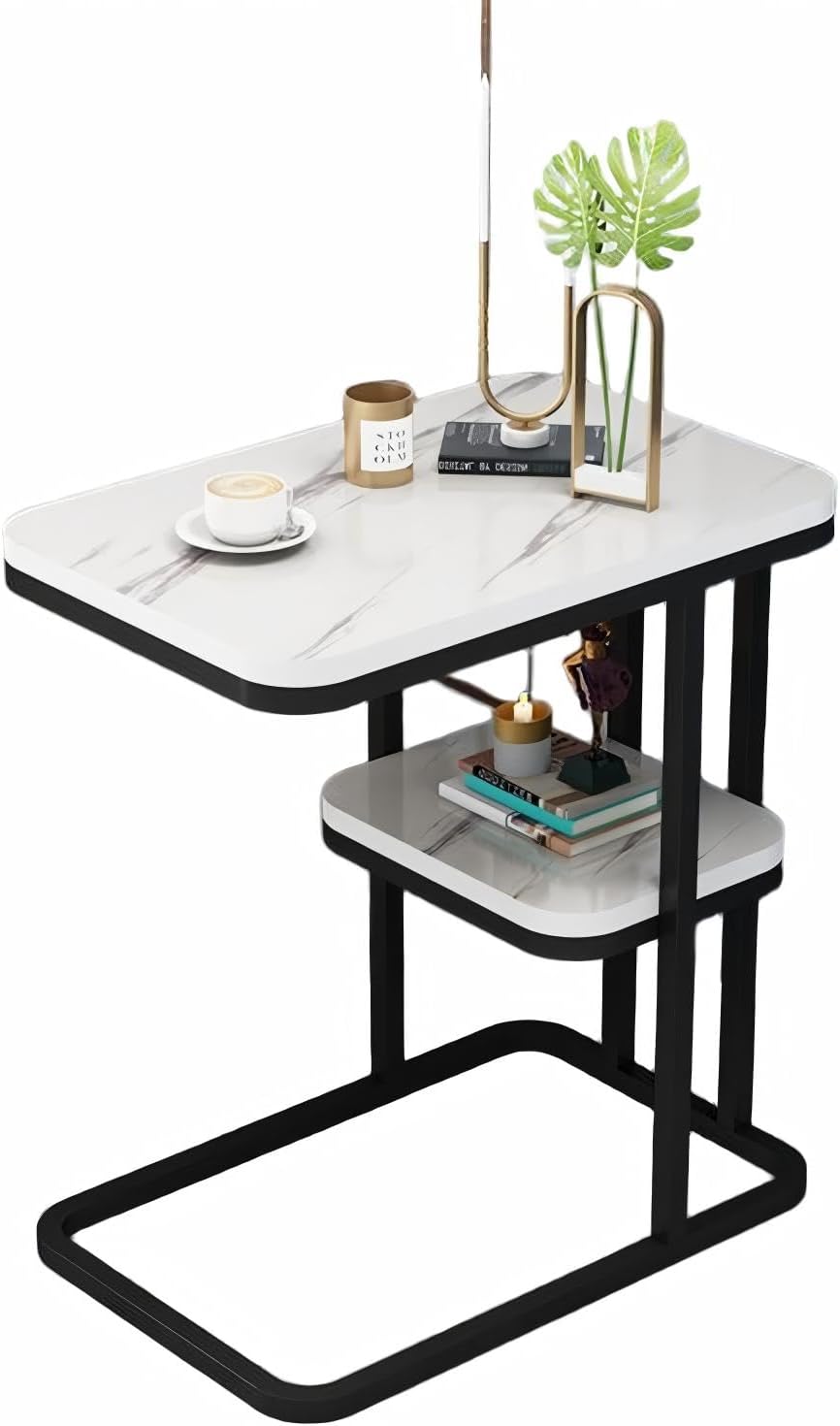 TV Tray Table with Shelf, Metal Frames, Snack Table for Couch, Sofa, Bed, Chair, Living Room, C Shaped End Side Table for Eating, Dinner or Laptop, Small Spaces, Easy Assembly (19.7" x 11.8", White)