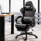 Dowinx Gaming Chair with Massage Lumbar Support, Vintage Style Office Computer Chair PU Leather E-Sports Gamer Chairs with Retractable Footrest and Headrest Black&Red