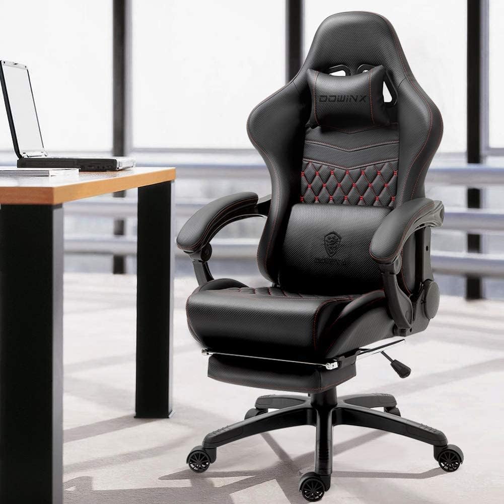 Dowinx Gaming Chair with Massage Lumbar Support, Vintage Style Office Computer Chair PU Leather E-Sports Gamer Chairs with Retractable Footrest and Headrest Black&Red