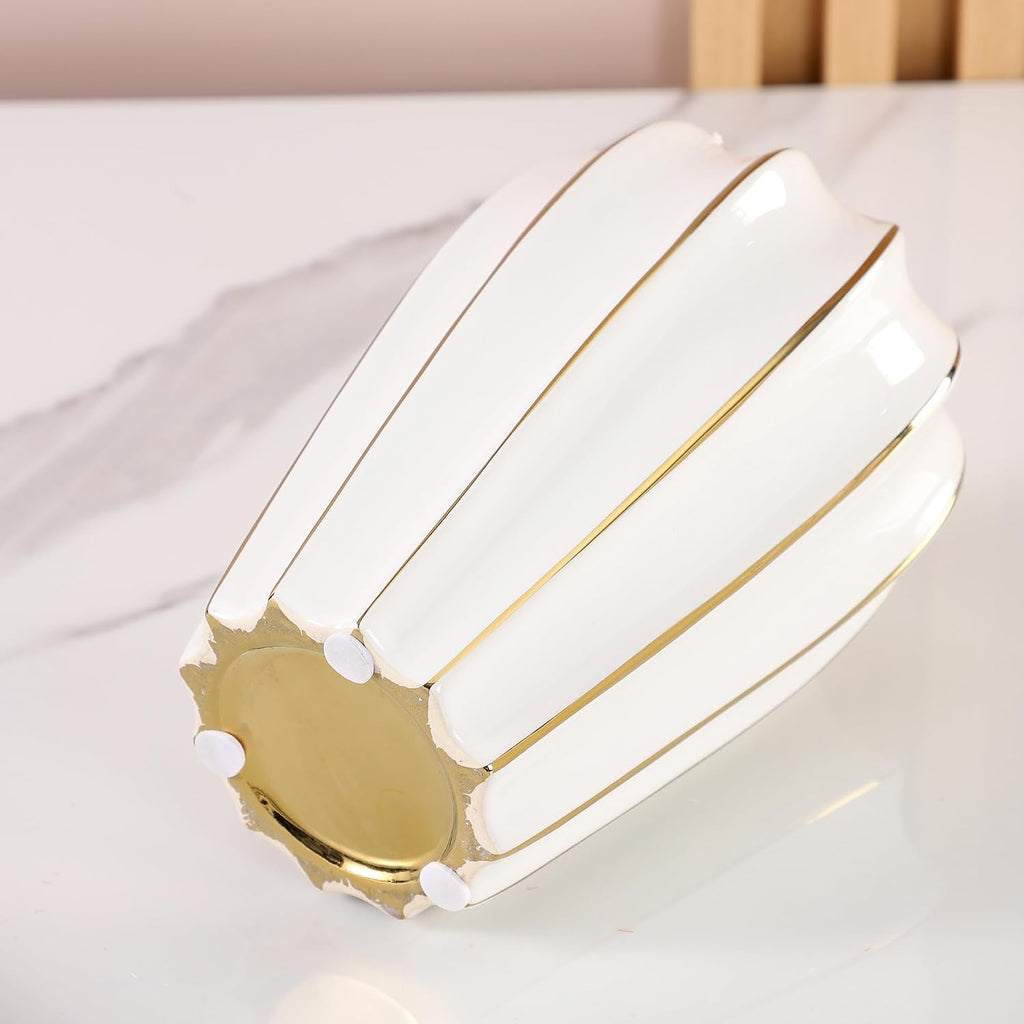 White Gold Ceramic Vase - Small Round Decorative Vase for Table Centerpieces, Wedding Decor, and Home (7.48 Inches Tall)