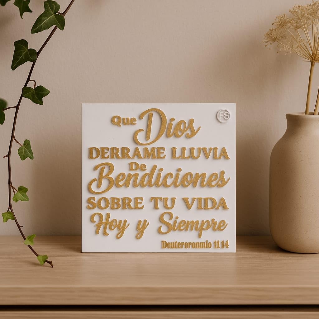 Plaque: QUE DIOS DERRAME LLUVIA DE BENDICIONES SOBRE TU VIDA HOY Y SIEMPRE - MADE IN USA