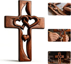 Hand-Carved Intertwined Hearts 9.84 inches Wooden Wall Cross for Wall Sacred, Mothers Day Gifts for Mom ,Handmade Hanging Cross Heart-Shaped Decoration Marriage Wedding Valentine Wood Decorative Gift