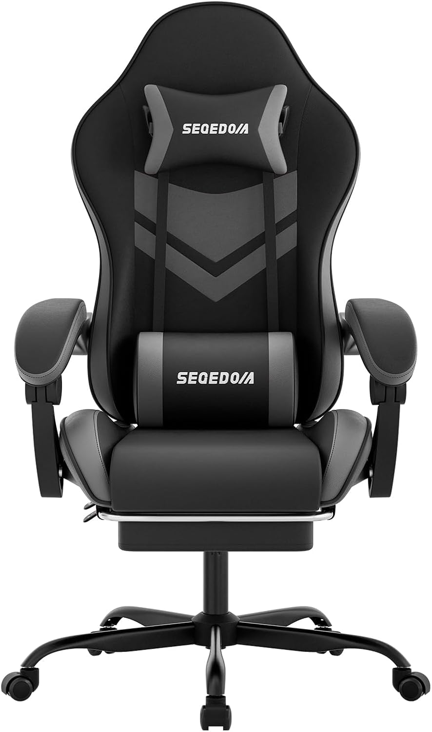 Gaming Chair with Footrest & Lumbar Support, PU Leather High Back Ergonomic Height Adjustable Swivel Office Desk Chair for Adults Gaming, Working, Black Grey