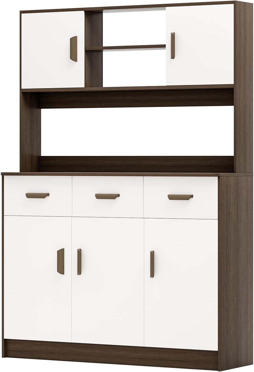 Kitchen Pantry Storage Cabinet, Hutch Cabinet with Buffet Cupboard, Utility Pantry with Microwave Stand, Household Wall Tall Sideboard with 3 Drawers, 5 Doors Open Shelves for Kitchen, Dinin