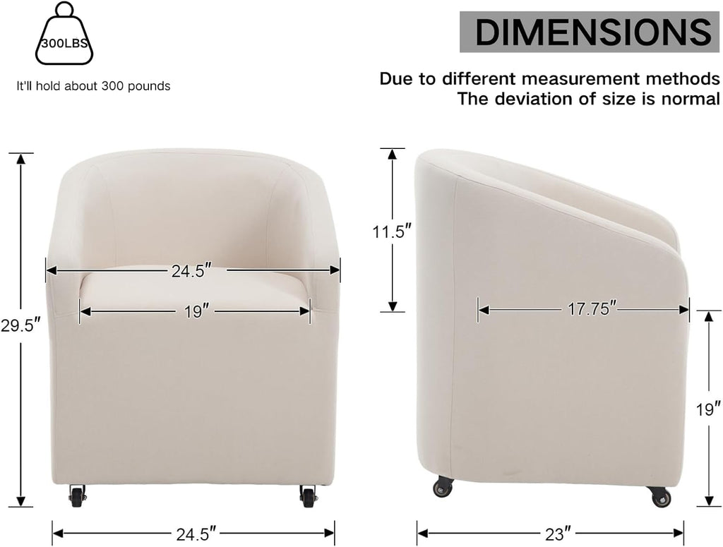 CIMOTA Linen Beige Barrel Dining Chairs with Wheels, Set of 2 — Modern Upholstered Swivel Dining Room Chairs on Casters for Kitchen or Living Room