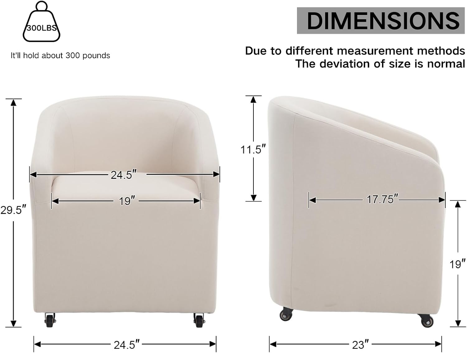 CIMOTA Linen Beige Barrel Dining Chairs with Wheels, Set of 2 — Modern Upholstered Swivel Dining Room Chairs on Casters for Kitchen or Living Room