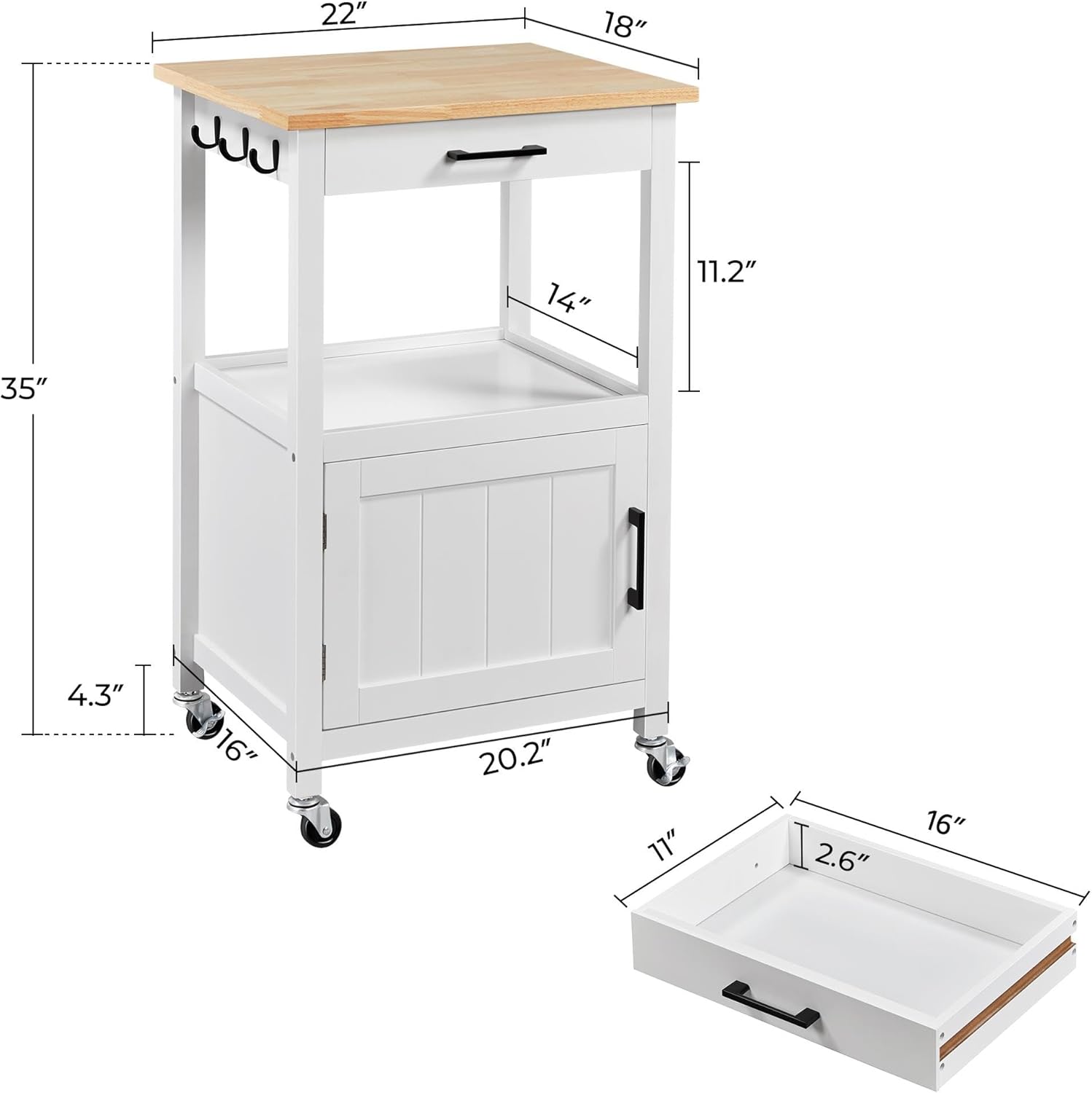 Yaheetech Kitchen Island Cart with Storage, Rolling Kitchen Island on Wheels with 6 Side Hooks, Wood Top Microwave Cart with Drawer for Dining Room, White