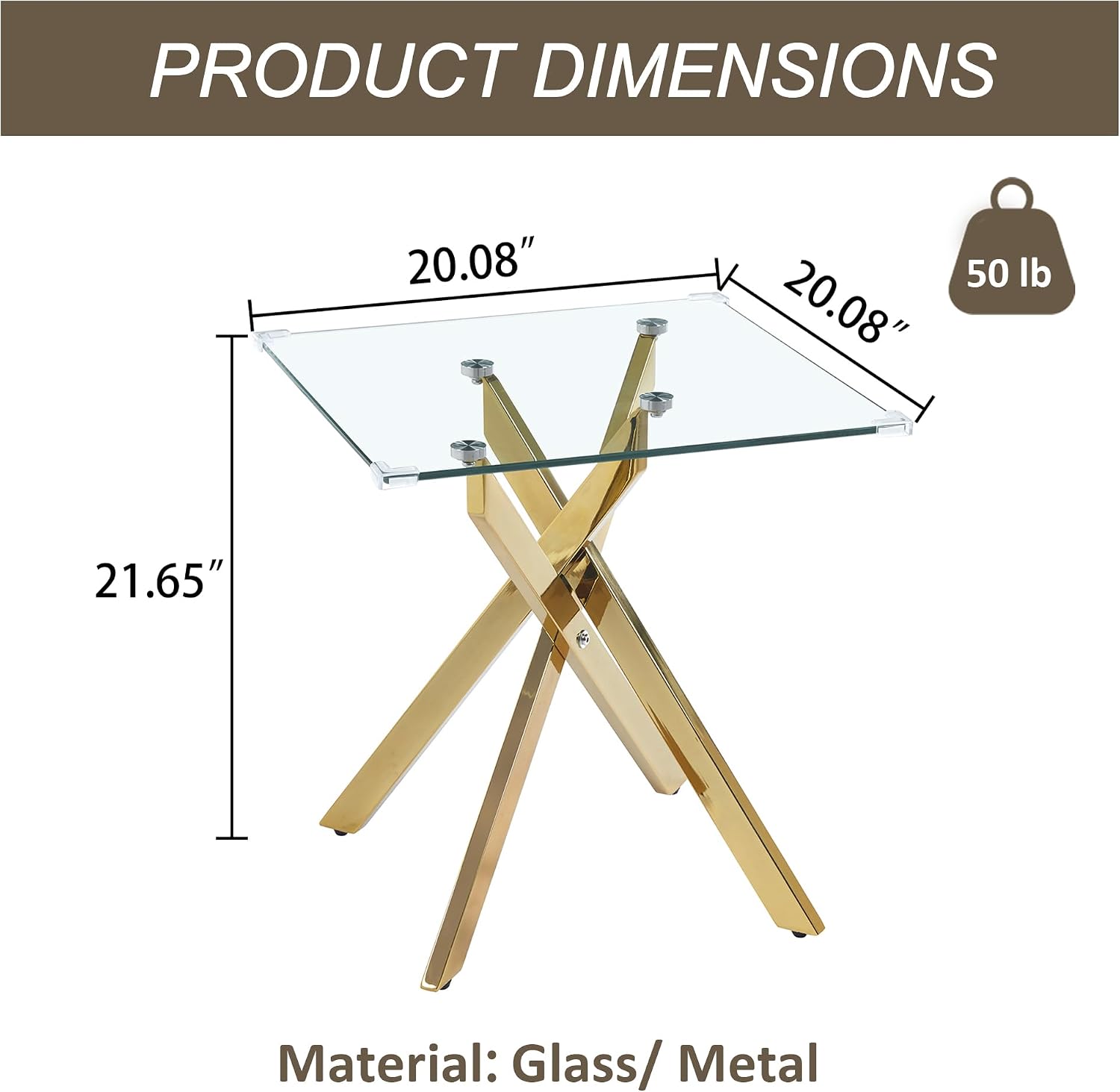 Square Glass End Table 23 Inch with Tempered Glass Top and Metal Tubular Legs for Living Room Home Office, Gold
