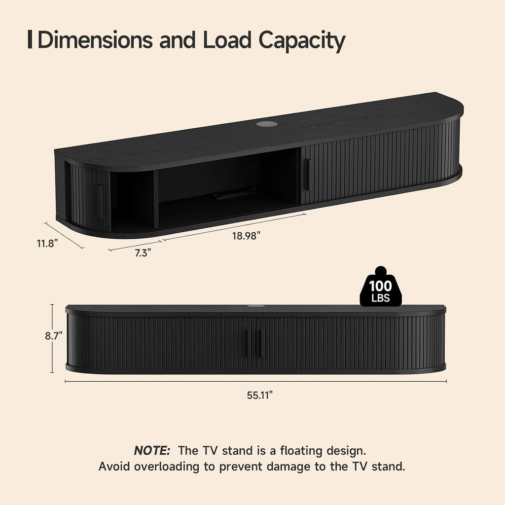 55" Floating TV Stand with Power Outlet for TVs up to 65", Fluted Entertainment Center with Remote Control for LED Lights, Mid-Century Modern TV Console w/Sliding Door for Living Room, Bedroom Black