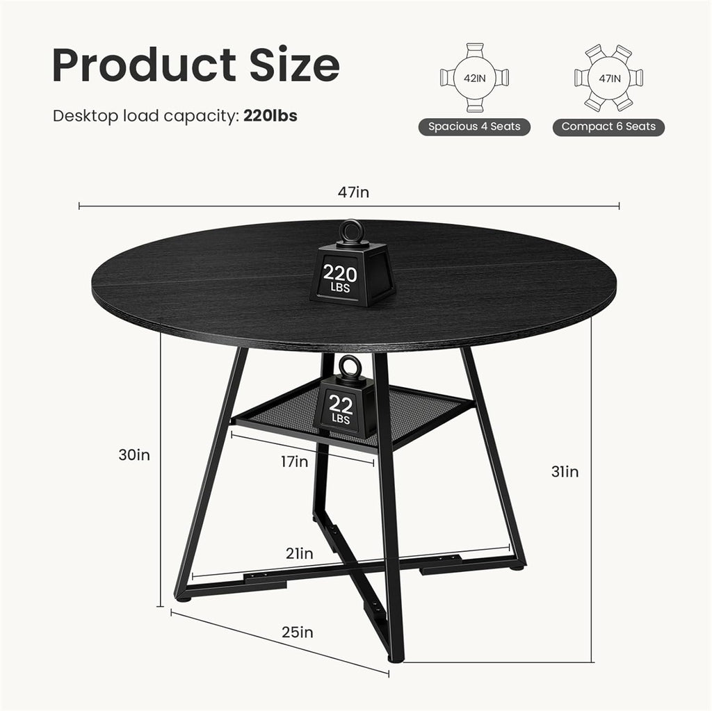 DUMOS 47" Round Dining Table for 4-6, Space Saving Kitchen Table with Dual-Tier Storage, Pedestal Metal Frame, Industrial Farmhouse Circle Dinner Table for Apartment, Black