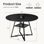 DUMOS 47" Round Dining Table for 4-6, Space Saving Kitchen Table with Dual-Tier Storage, Pedestal Metal Frame, Industrial Farmhouse Circle Dinner Table for Apartment, Black